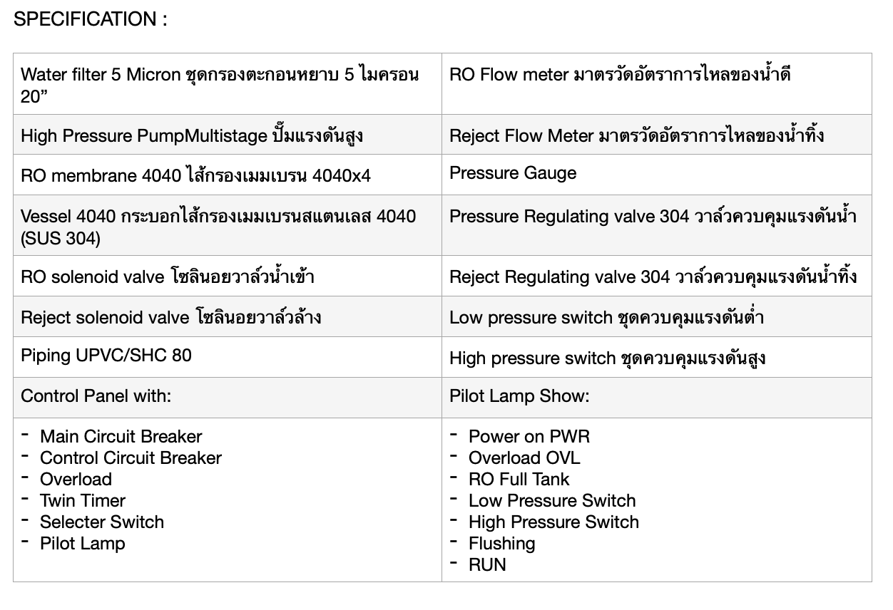 สเปคเครื่องกรองน้ำRO อุตสากรรม ขนาด 24000ลิตรต่อวัน